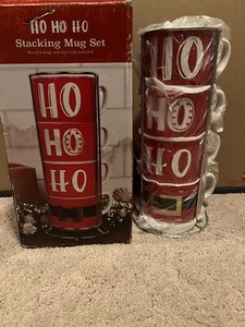 Willow Street Designs HoHoHo Holiday Christmas Ceramic Stacking Mugs Set Of 4