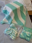 Mint Green And White Sparkle Moses Basket / Car Baby Blanket Set, Hat, Cardigan