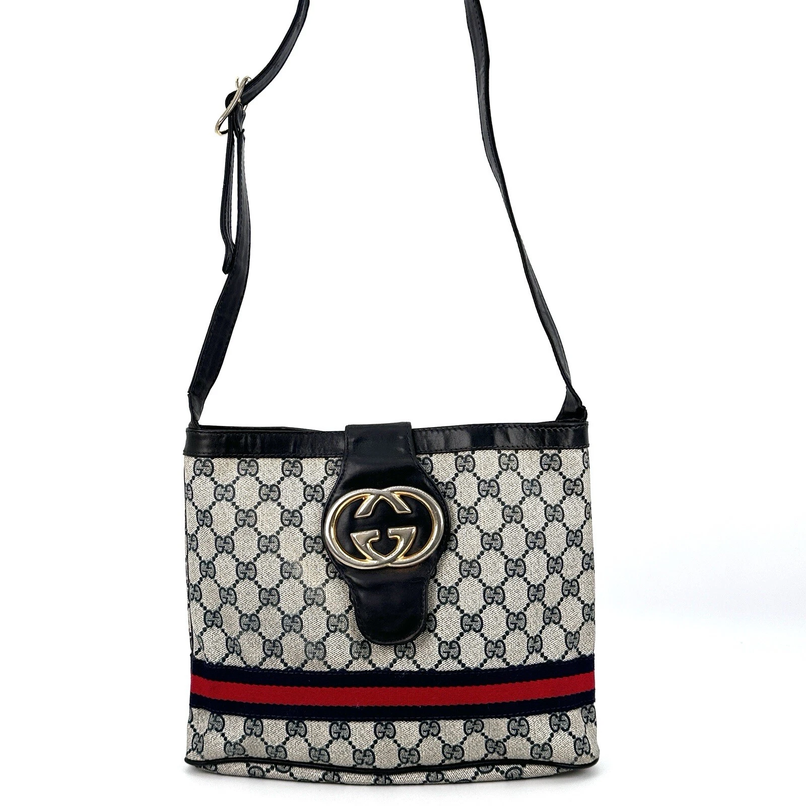 Sac bandoulière vintage GUCCI ligne sherry entrelacé marine authentique