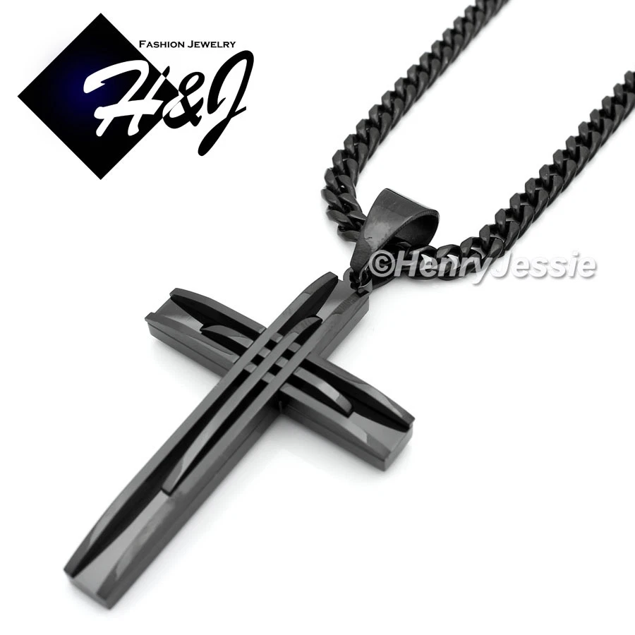 Collar Colgante Cruz 24" HOMBRE Acero Inoxidable 6mm Chapado en Negro Cubano Bordillo*A Foto 3 de 4