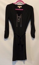 Michael Kors S Black Silver Lace Up Chain Stretch Knit Jersey Belted Short Dress