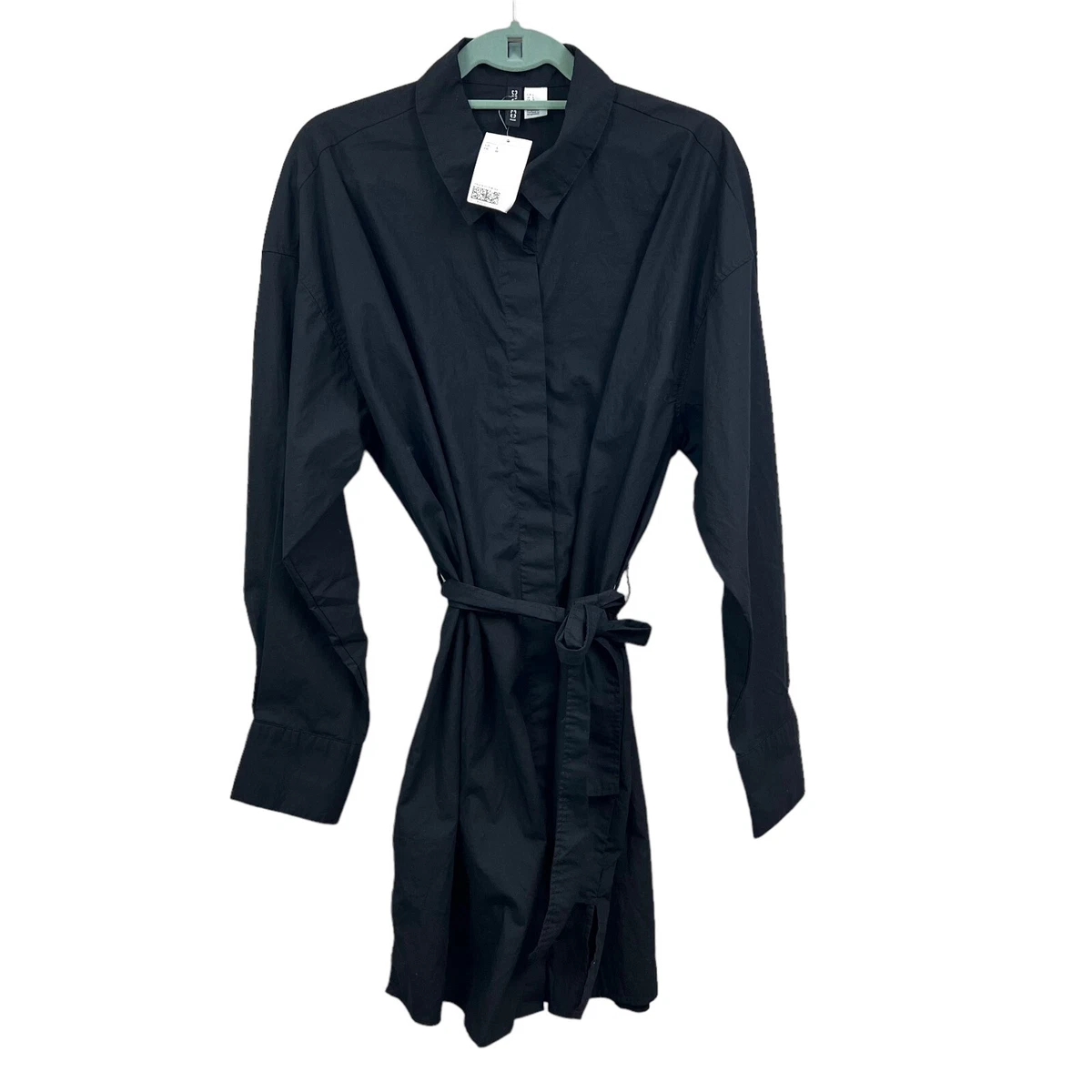 H M Divided Tunic Shirt Dress Women s Button Up Long Sleeve Slit Sides Black L