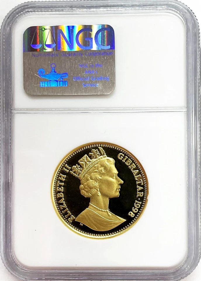 1998 GOLD GIBRALTAR HOLOGRAM PEACOCK 1/2 CROWN COIN NGC PROOF 70 ULTRA CAMEO - Image 2 of 2