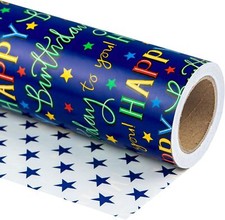 Reversible Birthday Wrapping Paper - Mini Roll - 17 Inch X 33 Feet - Colorful Ha