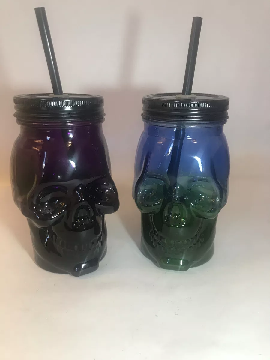 Skull Drinking Glasses w/ Lids and Straws