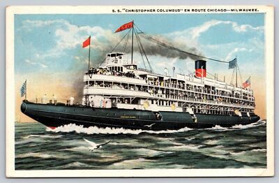 S.S. Christopher Columbus Ship En Route Chicago Milwaukee Postcard POSTED 1919
