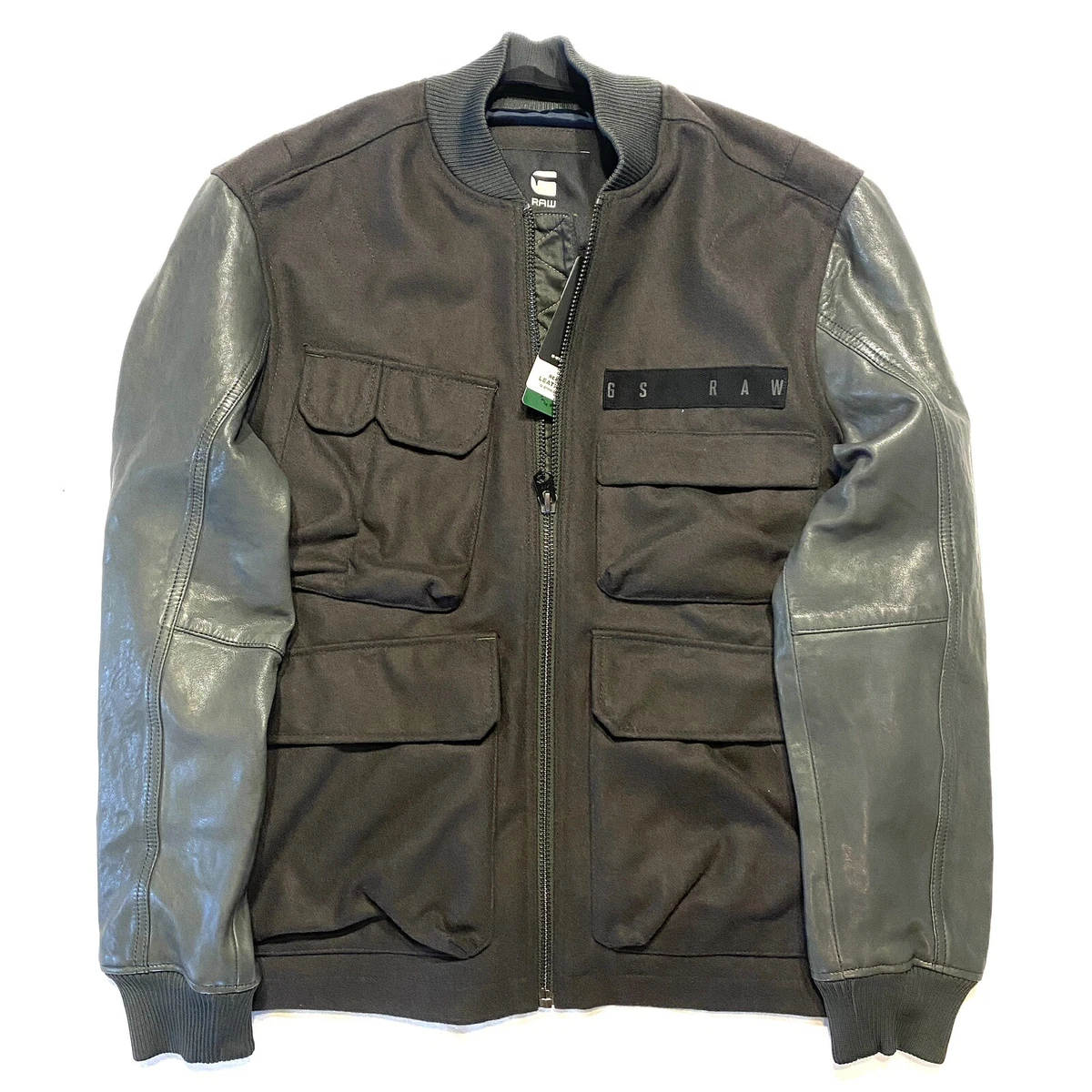 G STAR RAW Mens Multi Pocket Leather Varsity Jacket Asfalt Grey M (MSRP $480)