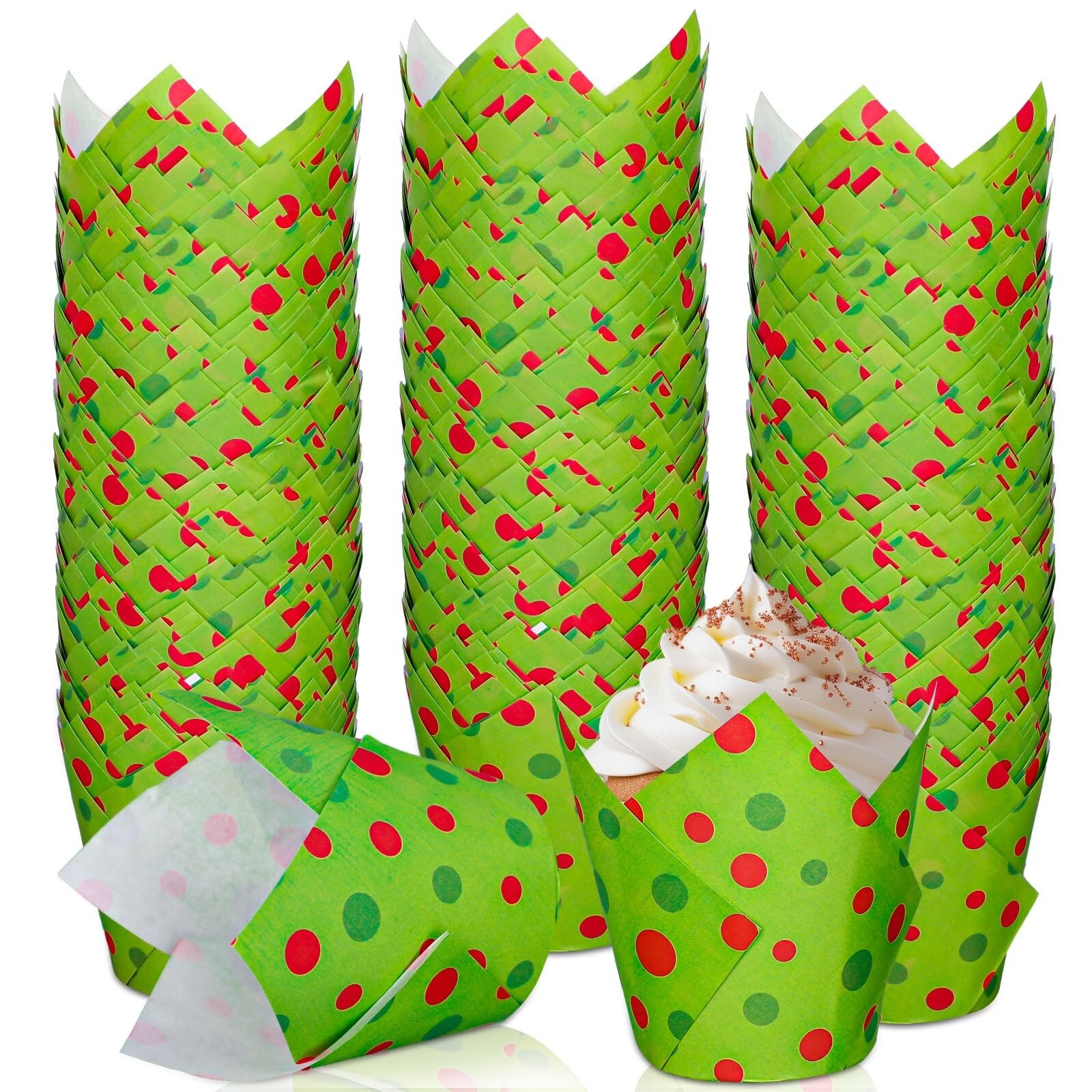 200Pcs Christmas Tulip Cupcake Liners Red Green Dots Muffin Tulip Baking Cups...
