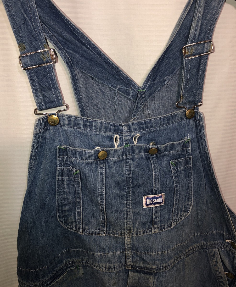 Vintage Big Smith Blue Denim Utility Work Overalls 44X30 Button