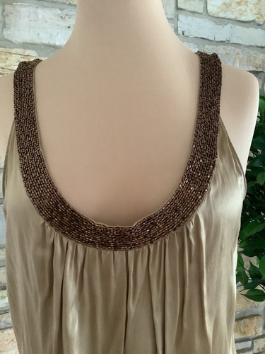 Vintage EXPRESS Deep Scoop Stretch Silk Tunic Bronze Copper Beaded Neckline M - Picture 8 of 21
