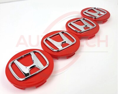 OEM Honda Center Cap Set (4) - 69mm Silver/Red/Black For Civic, Element, Odyssey