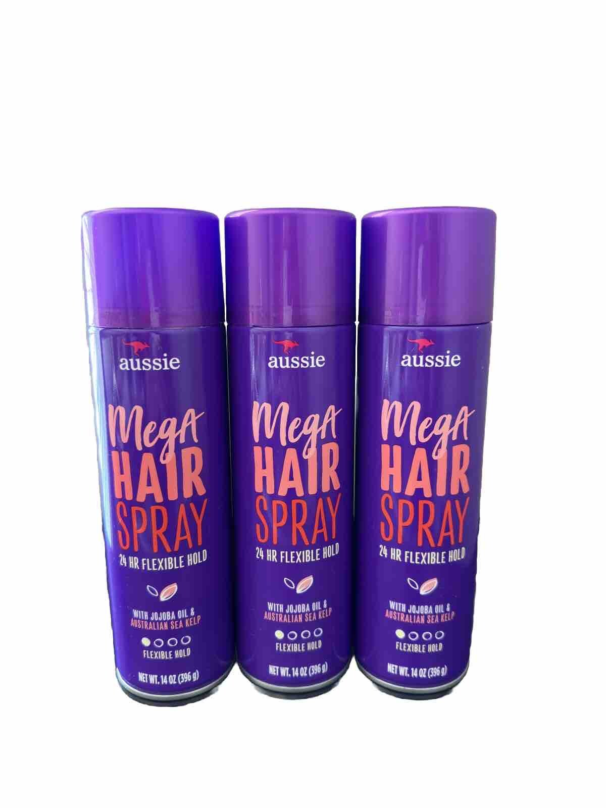3 Aussie Mega Hair Spray 24 HR Flexible Hold Jojoba Oil Sea Kelp 14 oz