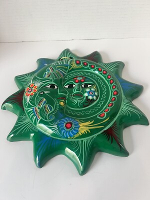 Mexican Sun Moon Face Eclipse Folk Art Pottery Hand Painted 11''