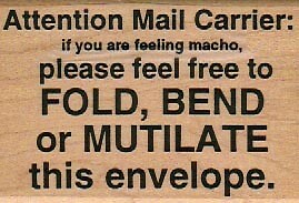 Attention Mail Carrier/Macho 2 x 2 3/4'' Rubber Stamp, Post Card Stamp, Media Mai