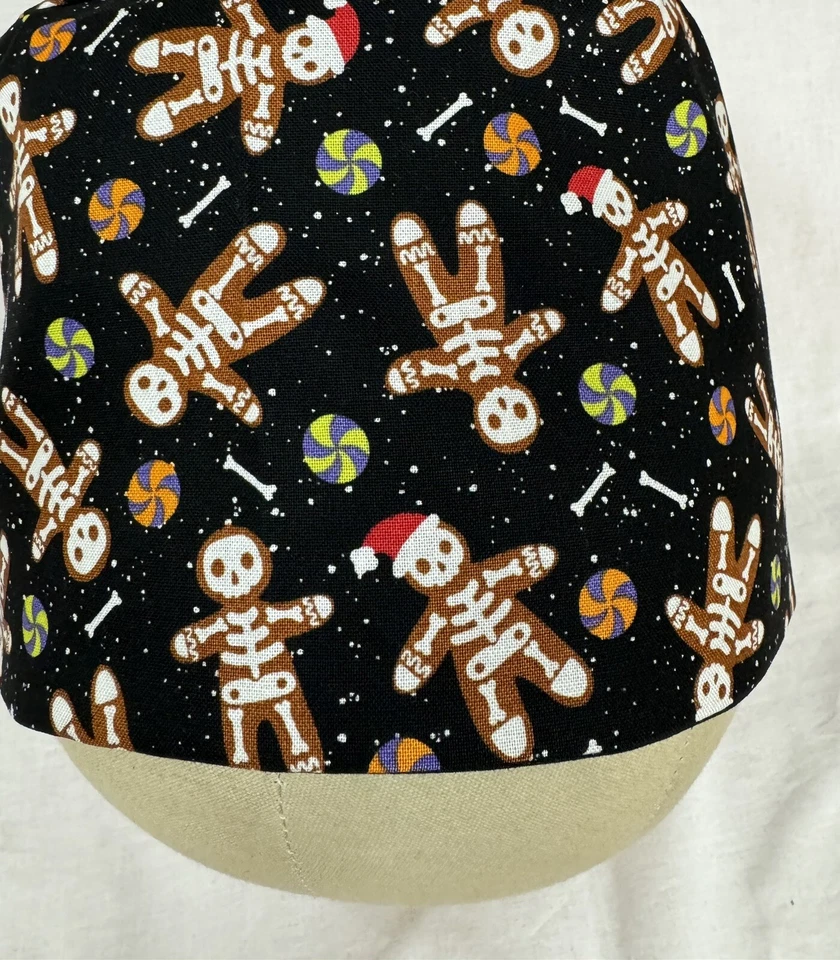 Men/Women Surgical Scrub Cap Lined Skeleton Gingerbread With Santa’s Hat. Cotton - Image 2 of 3