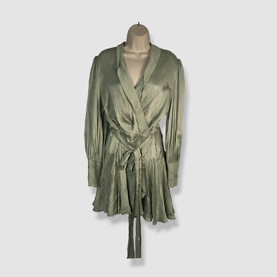 Zimmermann Long Sleeve Silk Wrap Minidress in Sage