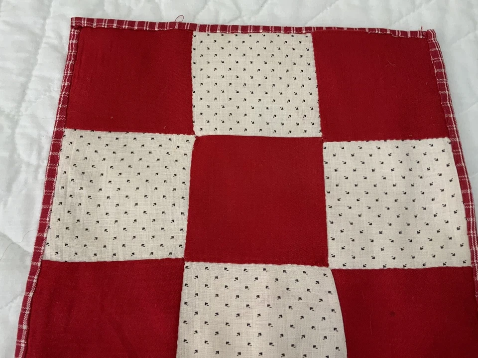 Vintage Antique Patchwork Table Topper, Nine Patch, Early Calicos, Red, White - Image 4 of 4