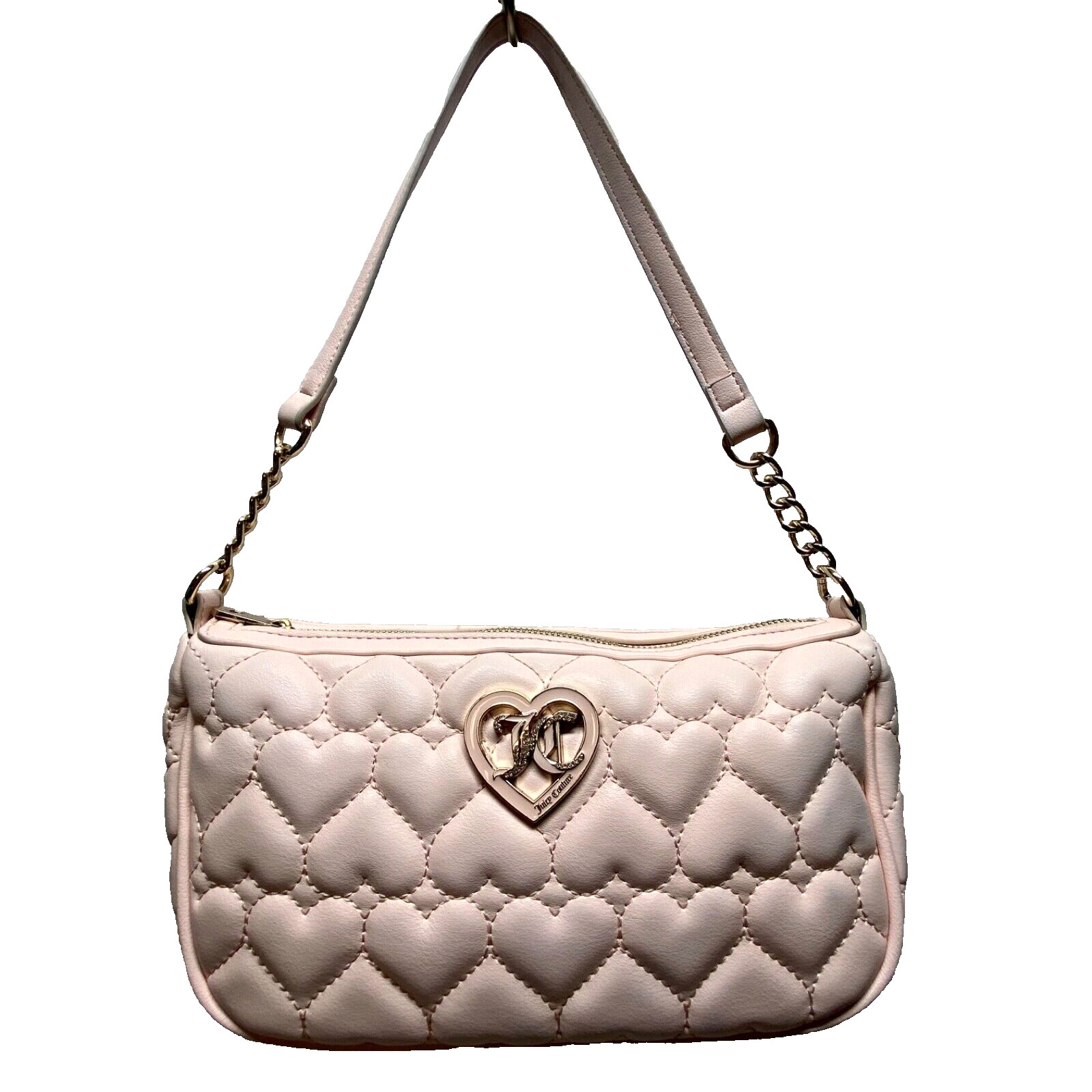 Juicy Couture Shoulder Bag Purse Light Pink Quilted Hearts Gold JC Logo Top Zip