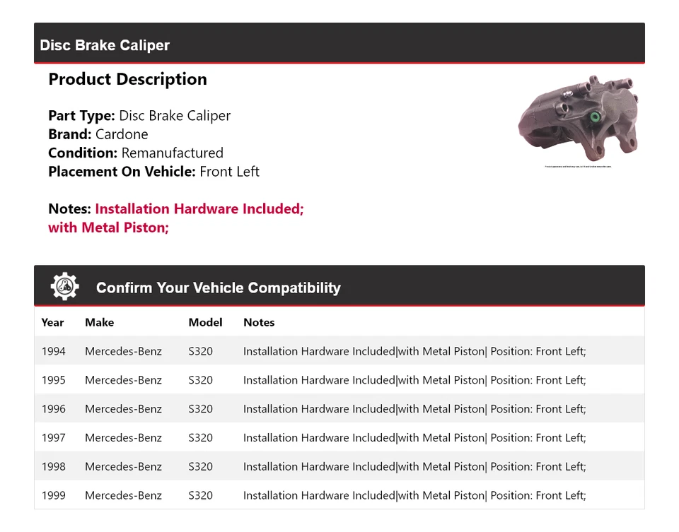 Штангенциркуль переднего левого дискового тормоза Mercedes-Benz S320 1994-1999 годов выпуска Cardone 1995 1996 годов выпуска - Изображение 2 из 4