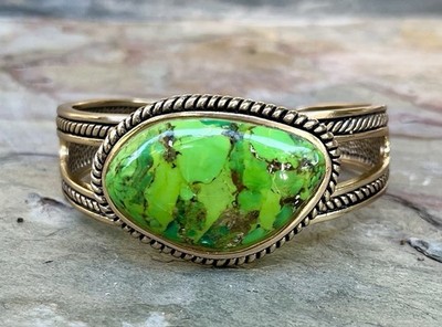 Barse NWT Genuine Lime Green Turquoise Bronze Statement Cuff Bracelet