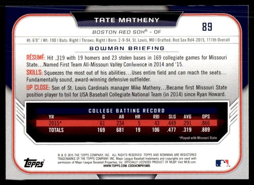2015 Bowman Draft Picks & Prospects Tate Matheny Boston Red Sox #89 - Picture 2 of 2