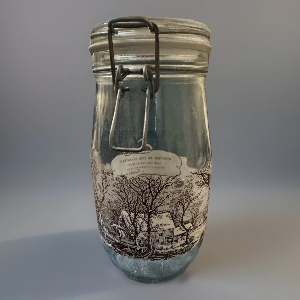 Vintage Hermetic Glass Canister Jar Clamp Lid Country Scene Winter Grist Mill