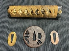 Samurai Sword Parts Set Shakudo Fuchi Kashira Tiger Menuki Tsuba Shell Motif