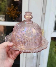 IMPERIAL Rose Butter Dome Lid Covered Dish Pink  Carnival Glass Vintage