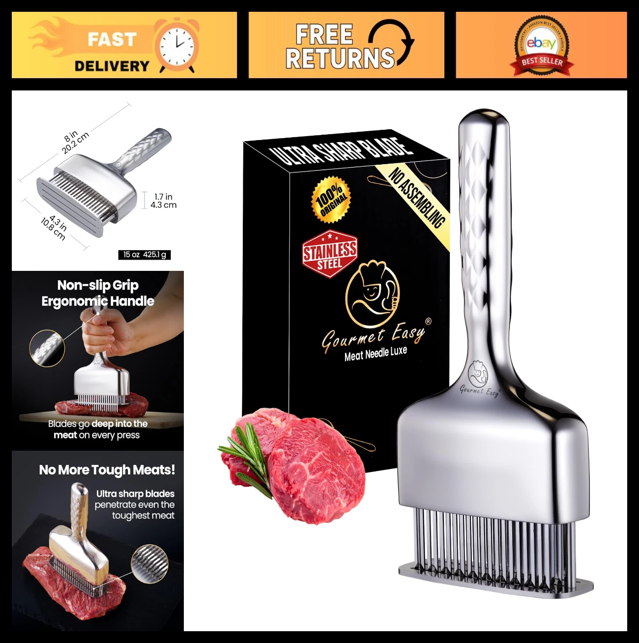 Stainless Steel Meat Tenderizer Tool - Extra Long Handle, Rustproof Mallet & Ham
