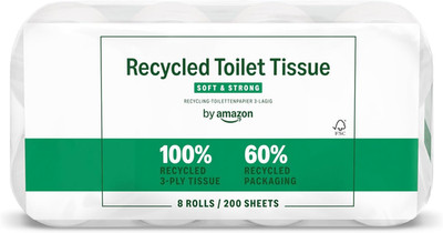 By Amazon Recyceltes Toilettenpapier, 100% Recycelte Fasern, 3-Lagig, 200 Blatt,