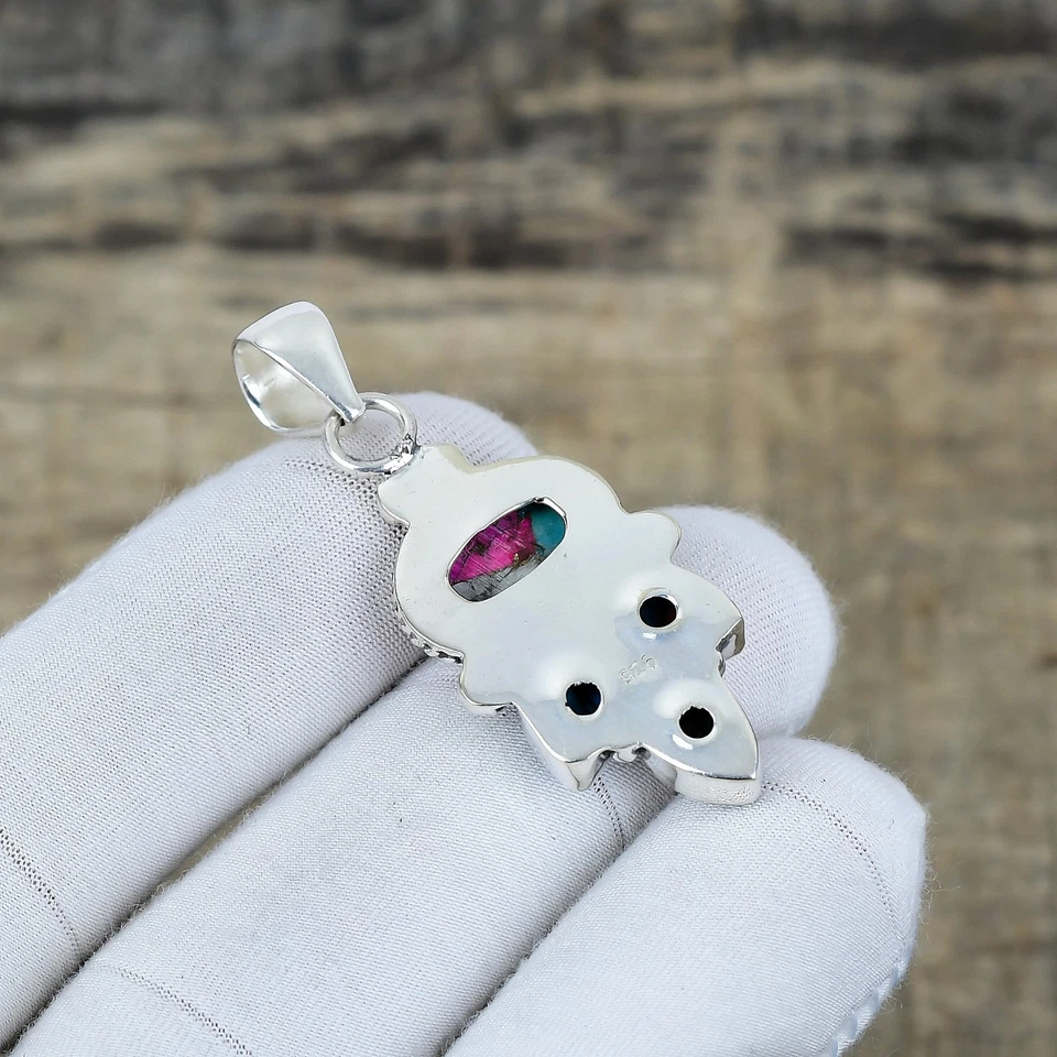 Colgante de joyería hecha a mano de plata de ley 925 con piedras preciosas turquesa de algodón caramelo Foto 4 de 4