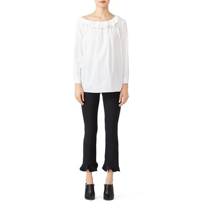 JIL SANDER Ruffle Collar Top Women 4 White Cotton Long Sleeve IT 34 Blouse Shirt
