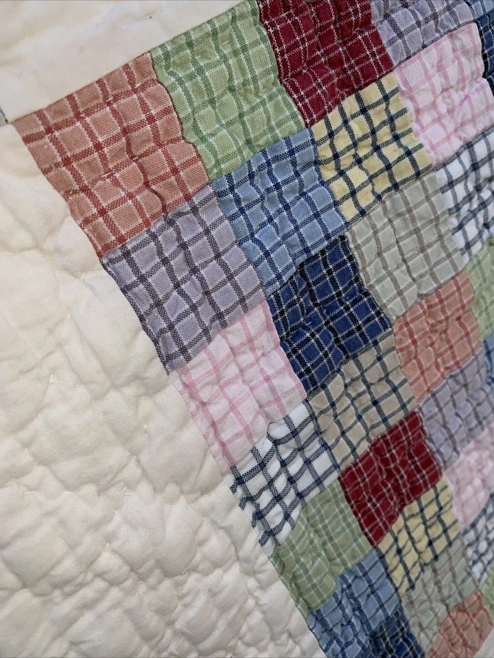 Nautica Twin Size folk art Quilt  Red Blue Patchwork  geometric Plaid Cotton - Image 4 of 4