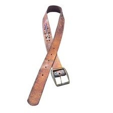 Vintage Grunge Leather Belt Embossed Western Brass Buckle Patina M Unisex 70's