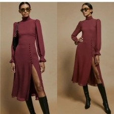 Reformation Stevie Midi Dress Claret Burgundy Mock Neck Side Slit Georgette NWT