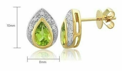 Natural Peridot And Diamonds Gemstone Stud Earrings 14K Yellow Gold Plated Q977