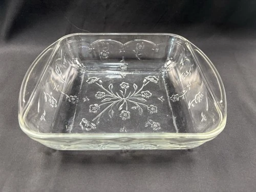 Vintage Anchor Hocking Savannah Glass Baking Dish 9” Square Embossed Floral Pan