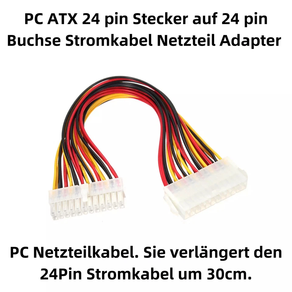 Stromkabel Verlängerung 24pol ATX Stecker auf Buchse, 30cm für PC, Intern - Bild 2 von 3