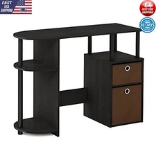 Wood Computer Study Desk Home Office  Laptop PC Work Table with Bin Brown