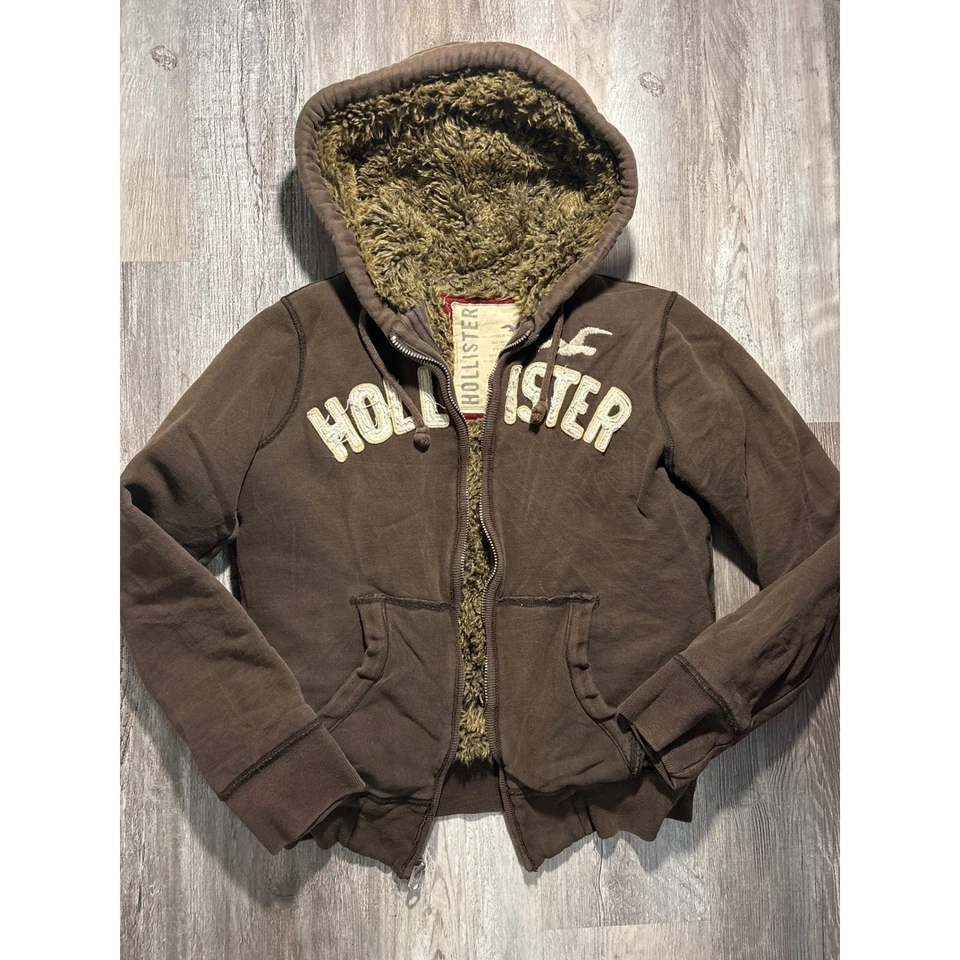 Hollister Y2K Brown Sherpa Lined Full Zip Hoodie Warm Comfy Layering Jacket - Image 2 of 4