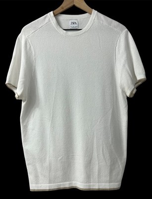 Zara Off White Waffle Knit Front Contrast Trim Short Sleeves Shirt Sz L