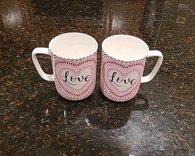 SET OF 2 Portobello by Design Love, Hearts Bone China 18 oz Coffee Mugs. Pink