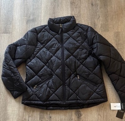 RALPH LAUREN Lauren Women's LARGE Black Full-Zip Quilted Puffer Jacket $220 Sz S