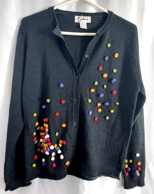 vintage carducci women sweater/cardigan large black multicolor embellished
