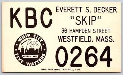 Westfield MA Whip City KBC Everett S. Decker Business Card Postcard C11