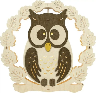 WEIGLA GÜNTER GLÄSER LEUCHTENHERSTELLUNG Fensterbild Eule mit Kranz und elektrischer Beleuchtung natur 30,5x29,5x5,3cm