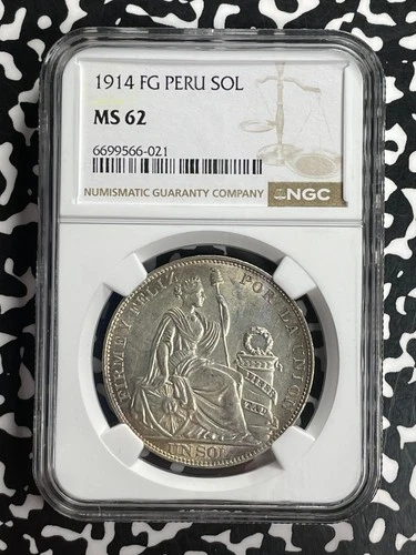 1914-FG Peru 1 Sol NGC MS62 Lot#G834 Large Silver! Nice UNC!