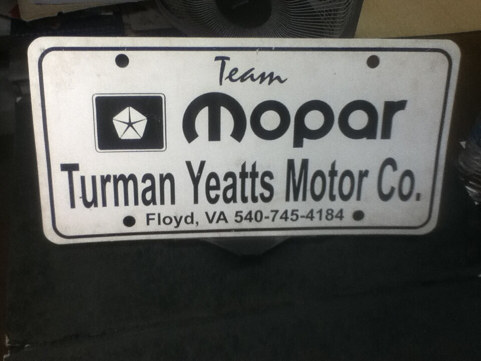 Dealership License Plate Team Mopar Turnam Yeatts Motor Floyd VA