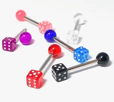 6pc Value Pack Acrylic Dice Steel Tongue Rings 14g Tounge Body Jewelry