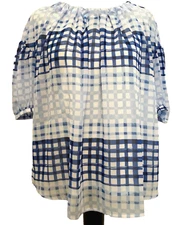 SCOOP Blue/White Polyester Chiffon Elbow Puff Sleeve Blouse Sz XL*
